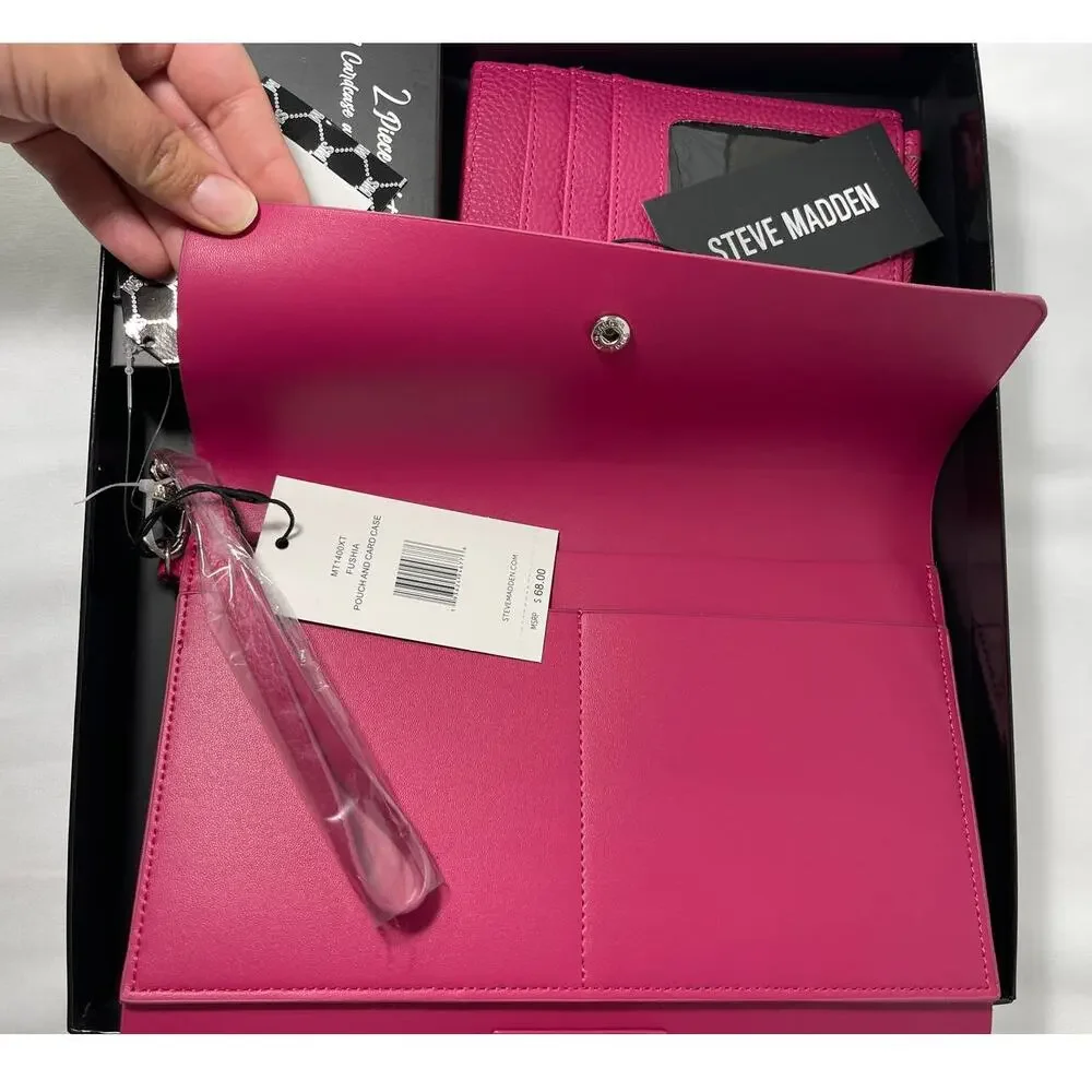Steve Madden Womens Fuchsia 2 Piece Card Case Travel Pouch Gift Set NEW